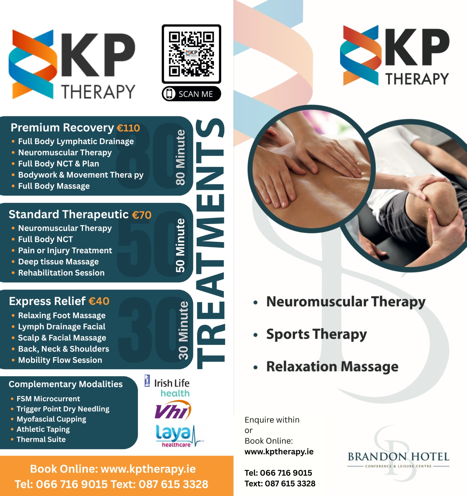 KP Therapy Service Price List The Brandon Hotel Tralee Kerry